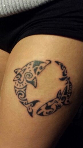 Ying yang Dolphin and shark tattoo on thigh Tattoo On Thigh, Shark Tattoo, Shark Tattoos, Ying Yang, Thigh Tattoo, Tattoo On, Tattoos And Piercings, Fish Tattoos, Jesus Fish Tattoo