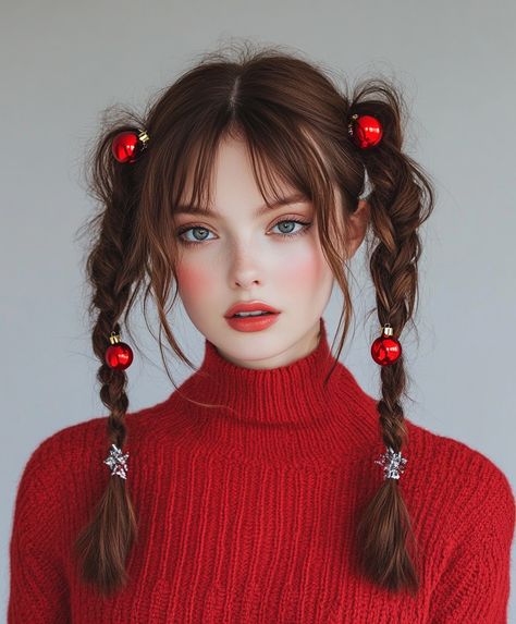 christmas hair ideas Whoville Hair, Christmas Hair Ideas, Holiday Updo, Braided Pigtails, Whimsical Hair, Red Copper Hair Color, Copper Red Hair, Out Hairstyles, Protective Hairstyles For Natural Hair