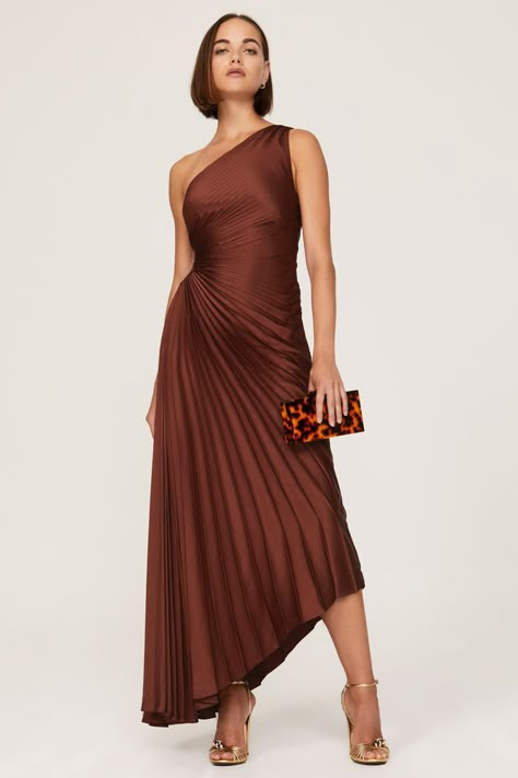 Pleated Satin Dress, Bronze Dress, Dress Code Wedding, Guest Attire, Wedding Attire Guest, Rent The Runway, Glam Dresses, Gorgeous Gowns, Brown Dress