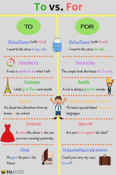 'To' and 'For' are prepositions that are often confused... To And For Prepositions, Learning Infographic, School Collage, English Prepositions, English Grammar Rules, Teaching English Grammar, English Language Learning Grammar, English Learning Spoken, Conversational English