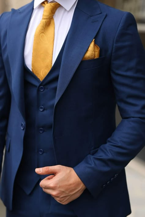 Navy Blue And Gold Tuxedo Wedding, Blue And Gold Groom Suit, Blue And Gold Groomsmen, Navy And Gold Suit, Blue Suit Gold Tie, Blue Suit With Yellow Tie, Navy Blue And Gold Suit, Blue And Gold Suit, Blue And Yellow Suit