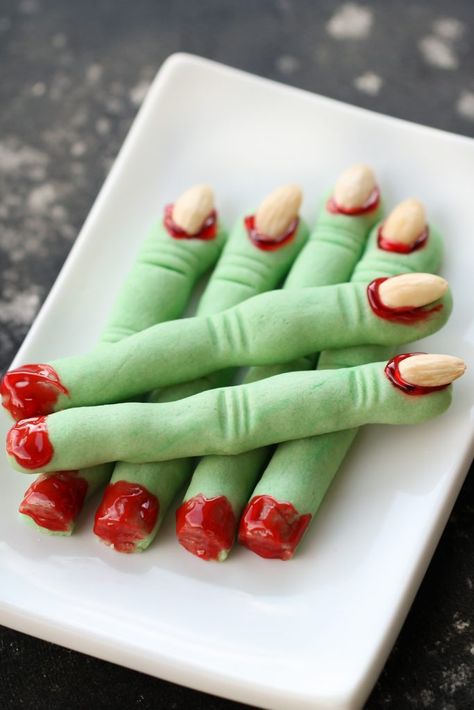 Spooky Witch Fingers | Six Sisters' Stuff Halloween Meals, Witch Fingers, Witch Finger Cookies, Kitchen Halloween, Finger Cookies, Halloween Cookie Recipes, Chocolate Shortbread Cookies, Witches Fingers, Strawberry Almond