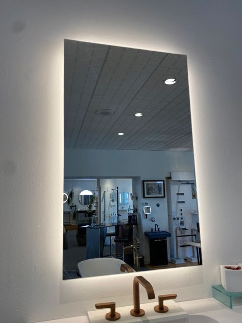 Mirror With Light Behind, Mirror With Lights Behind It, Lights Behind Mirror, Light Behind Mirror, Mirror With Lights, Dream Room, Powder Room, Room Inspo, Lighted Bathroom Mirror