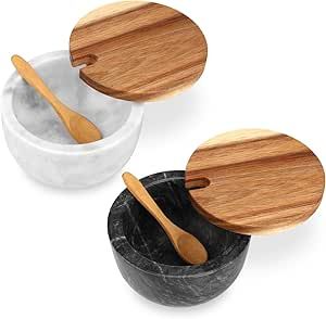 HESHIBI Marble Salt Cellar Box with Wood Lid & Spoon, Modern Stone Salt or Pepper Sugar Spice Seasoning Bowl Container Jar Holder Well Keeper Dish Pig Crock for Kitchen（White and Black） Salt Pig, Black Bowl, Salt Box, Spice Organization, Salt Cellar, White Bowls, Spice Jars, Kitchen Utensils Gadgets, Sugar And Spice