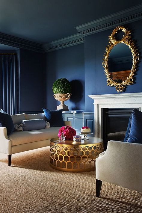 Navy ceiling | Fifth Wall Friday Blue Furniture, Mirror On The Wall, Design Salon, Blue Living Room, Blue Rooms, Home Trends, A Living Room, Blue Decor, Blue Walls