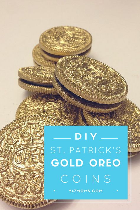 Use Edible Gold To Spray On Oreos To Make Gold Coins On St Patrick’s Day #247moms Gold Coin Cookies, Gold Oreo Cookies, Gold Oreos, St Patricks Food, Leprechaun Gold, Chocolate Gold Coins, St Patrick Day Treats, Stackable Rings Wedding, St Patricks Day Food