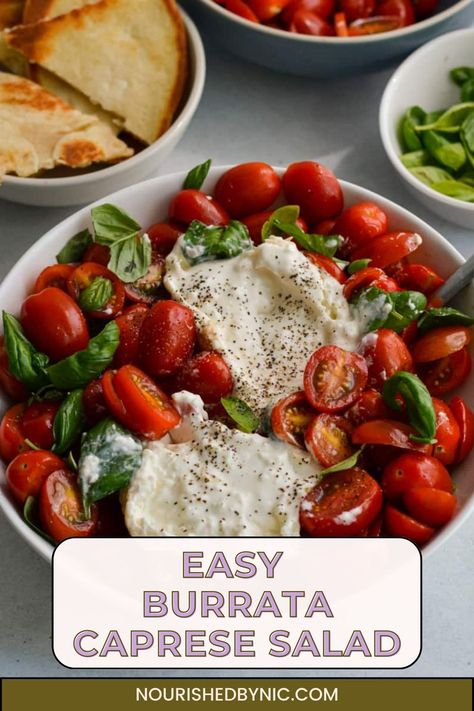 EASY BURRATA CAPRESE SALAD Burrata Caprese Salad, Burrata Caprese, Clean Eating Salads, Healthy Weeknight Dinners, Delicious Appetizer Recipes, Flaky Salt, Summer Appetizer, Weeknight Dinner Recipe, Balsamic Glaze