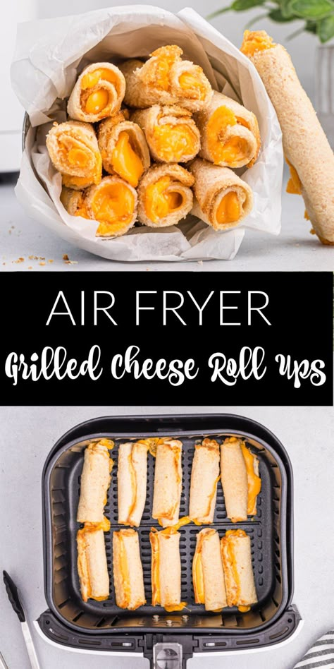 Picky Eaters Snacks, Grilled Cheese Rollups, Air Fryer Cheese Roll Ups, Rolled Grilled Cheese, Air Fryer Lunch Box Ideas, What To Make With Grilled Cheese, Air Fryer Cheese Recipes, Grill Cheese Air Fryer, Air Fryer Cream Cheese Roll Ups