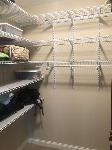 Closetmaid Wire Shelving Ideas Layout, Closetmaid Wire Shelving Ideas, Wire Closet Organization Ideas, Replace Wire Shelving In Closet, Wire Shelves In Master Closet, Small Walk In Closet Wire Shelving, Closet Rod Support, Rubbermaid Closet, Do You Need Shelf Wire Liner?