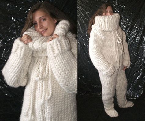 These Giant Knitted Adult Onesies Are Perfect For That Friend Who is Always Cold! Gigantic Monster, Turtleneck Jumpsuit, Chunky Turtleneck, Merino Sheep, Chunky Knitting Patterns, Jumpsuit Pattern, Knit Jumpsuit, Chunky Wool, Mohair Wool