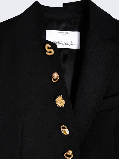 Little Jacket - E-SHOP - Ready-to-Wear | Maison Schiaparelli Jacket Buttons Ideas, Schiaparelli Blazer, Schiaparelli Details, Schiaparelli Aesthetic, Schiaparelli Buttons, Clothing Label Ideas, Chilly Weather Outfits, Italian Gothic, Vintage Opulence