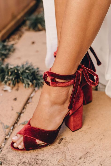 Velvet Wedding Shoes, Red Bridal Shoes, Red Velvet Heels, Fall Wedding Shoes, Red Wedding Shoes, Velvet Block Heels, Velvet Wedding, Ankle Strap Chunky Heels, Ruby Wedding