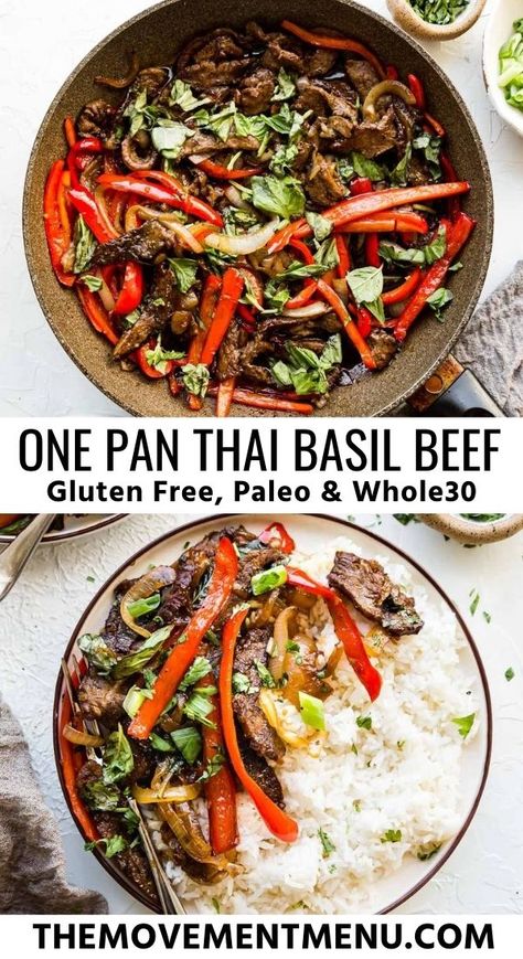 This one pan Thai basil beef stir fry recipe is the perfect weeknight meal for the whole family and is made in under 30 minutes. It is a stir fry that is whole 30 made with bell peppers, onions, and skirt steak. It tastes authentic and is incredibly easy and flavorful. #thaibasilbeef #whole30recipes #lowcarb #keto #movementmenu Basil Beef, Thai Basil Beef, Easy Whole 30 Recipes, Keto Beef Recipes, Whole 30 Diet, Basil Recipes, Meal Prep Clean Eating, Thai Basil, Paleo Whole 30