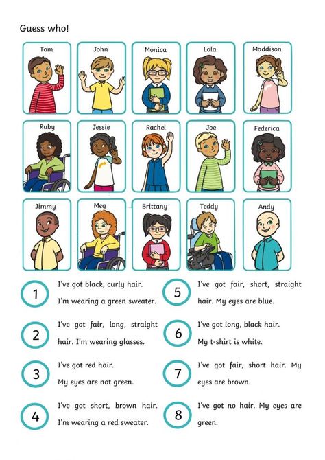 Description Games For Kids, Esl Worksheets For Kindergarten, English Skills Activities, Who Am I Game For Kids, Describing People Worksheet For Kids, Teaching English Ideas, English Class Activities, Esl For Kids, Who’s Who