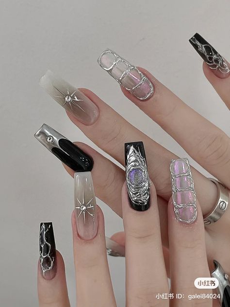 nails, nails inspo, nails inspiration chromatic nails aespa nails aespa aesthetic black nails purple nails white nails inspiration Almond Nails Y2k, Long Nails Almond, Nails Y2k, Style Nails, Hippie Nails, Punk Nails, Fancy Nails Designs, Korean Nails, Goth Nails