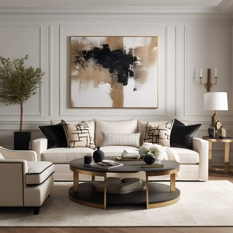 Modern Color Interior Design, Cream Sofa With Black Accents, White And Gold Theme Living Room, Black White And Taupe Living Room, Neutral Black And Gold Living Room, Living Room Designs Black And Gold, Black Accents In Living Room, Black White Beige Home Decor, Modern Theme Living Room