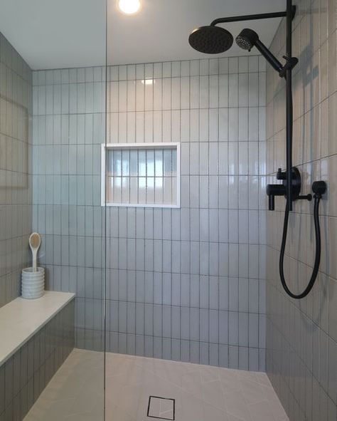 Light Grey Subway Tile Bathroom, Grey Vertical Subway Tile Bathroom, Vertical And Horizontal Subway Tile Bathroom, Stacked Subway Tile Shower Wall, 3x16 Subway Tile Bathroom, Subway Tile Bathroom Vertical, Grey Subway Tile Shower Ideas, Subway Tile Vertical Stack, Shower Vertical Tile