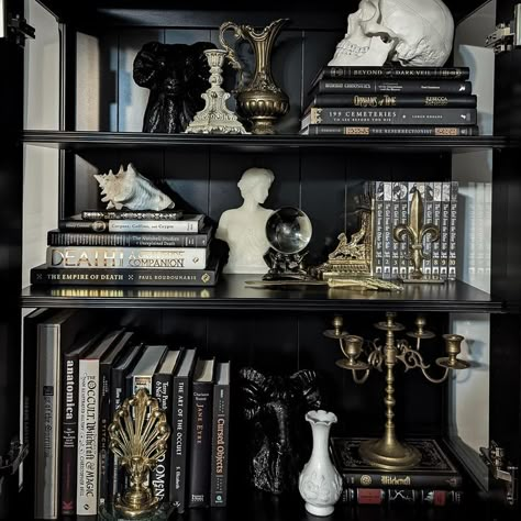 Moody Bedroom Black, Whimsigoth House, Bedroom Dark Academia, Dark Bookshelves, Gothic Bookshelves, Whimsigoth Room, Bedroom Moody, Dark Academia Bedroom, Whimsy Goth Bedroom