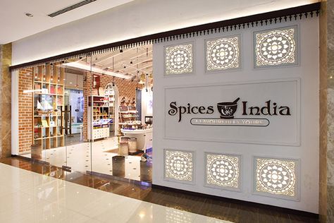 Spices India by Four Dimensions Retail Design, Kochi - India Spices Store Design, Shop Front Design Indian, Spice Shop Design, Facade Design Pattern, Spice Store, Kochi India, Shop Design Ideas, Retail Store Interior Design, Noi That