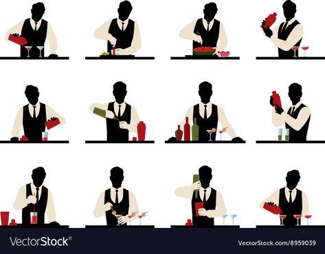 Set of silhouettes of a bartender Royalty Free Vector Image Bartender Poses Reference, Bartending Pose Reference, Bartender Pose Reference Drawing, Bar Pose Reference, Waiter Poses Drawing Reference, Bartender Drawing Reference, Bartender Reference, Bartender Pose Reference, Bartender Character Design