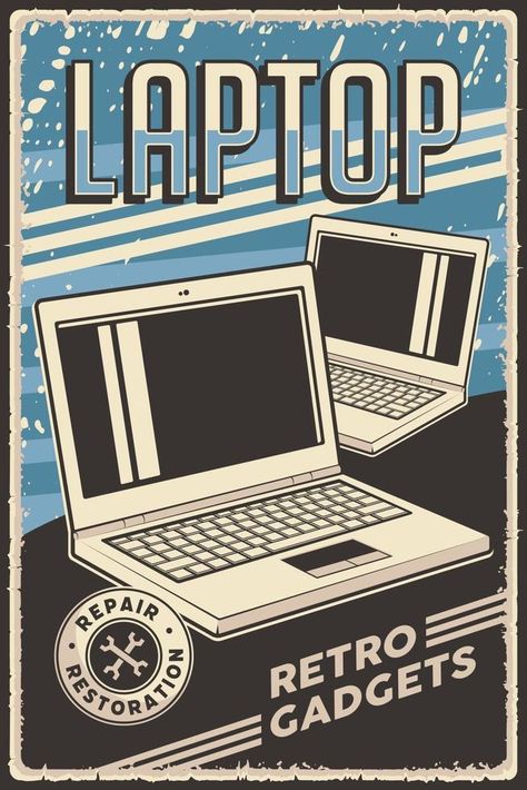 Retro Vintage Poster, Gadgets Laptop Notebook Computer, Repair, Service, Restoration Electronic Poster Design, Game Poster Design Graphics, Coding Poster, Retro Presentation, Retro Moodboard, Computer Poster, Pixel Poster, 80s Computer, 3d Posters