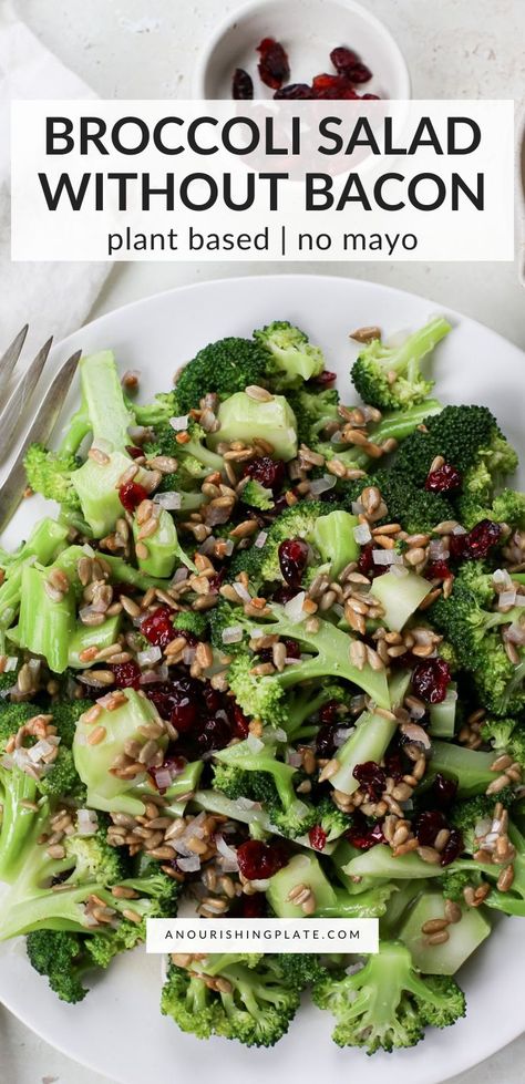 Broccoli salad without bacon is a crisp, fresh, and subtly sweet vegetable salad with a tangy dressing. Not only is this an easy side dish, but it utilizes the whole vegetable, including the stems. Whole 30 Broccoli Salad, Raw Broccoli Recipes, Broccoli Salad Without Bacon, Dairy Free Recipes For Lunch, Fresh Broccoli Salad, Healthy Broccoli Salad, Broccoli Cauliflower Salad, Raw Broccoli, Broccoli Salad Recipe