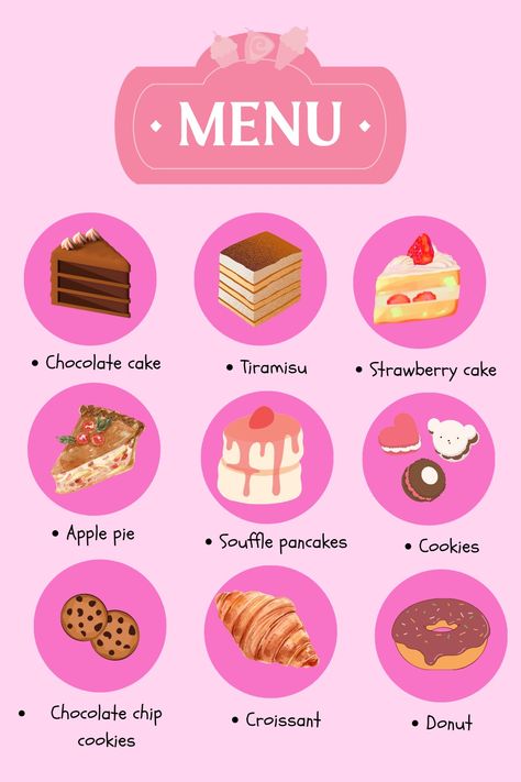 Pretend menu for bakery #pretendplay #pretendmenu #pretendcafe #pretendrestaurant #pinkmenu Bakery Menu Design, Coffee Shop Menu Board, Play Menu, Toy Makeover, Coffee Shop Menu, Diy Donuts, Bakery Menu, Paper Food, Kids Print