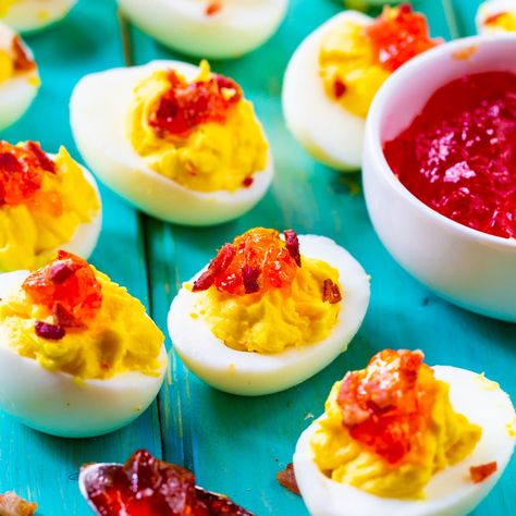 Red Pepper Jelly Deviled Eggs with Bacon Deviled Eggs With Bacon, Eggs With Bacon, Thanksgiving Deviled Eggs, Fake Ginger, Devilled Eggs Recipe Best, Deviled Eggs Recipe Classic, Red Pepper Jelly, Devilled Eggs, Best Deviled Eggs