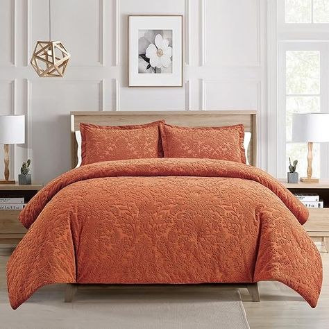 Amazon.com: Sunshine Nicole Velvet Jacquard Comforter Set, Velvet Jacquard Face and Brushed Solid Microfiber Reverse, with Light Weight Soft Poly Fill, 3 Pieces Terracotta, King : Home & Kitchen Orange Accents Bedroom, Bed Comforter Sets, Bedroom Accent, King Comforter Sets, Queen Comforter Sets, Queen Comforter, Pink Room, King Comforter, Comforter Set