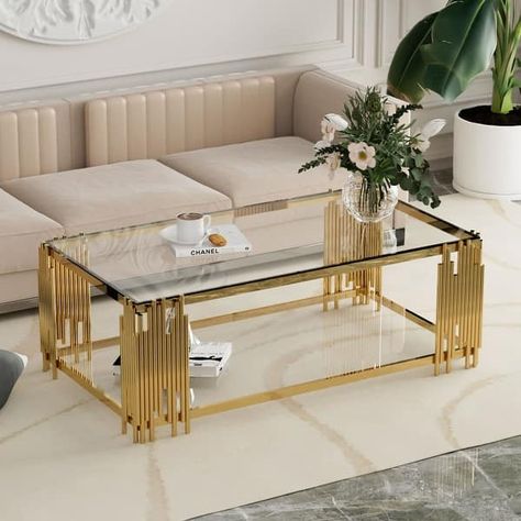 51" Rectangle Tempered Glass Coffee Table with Stainless Steel Frame - Bed Bath & Beyond - 39670766 Rectangle Glass Coffee Table, Modern Living Room Table, Stainless Steel Coffee Table, Stainless Steel Furniture, Pipe Welding, Coffee Table Modern, Steel Coffee Table, Glass Making, Table Modern