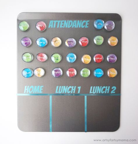 DIY Magnetic Classroom Attendance & Lunch Count Board | artsy-fartsy mama Classroom Attendance Chart, Attendance Board Ideas, Attendance Board, Lunch Count, Diy Magnet Board, Classroom Attendance, Attendance Chart, Magnet Activities, Classroom Expectations