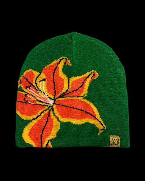 Tiger Lily Beanie | Juliet Johnstone Cat Beanie Design, Cathay Beanie Embroidery, Lotus Beanie Pattern, Lotus Flower Beanie Pattern, Fish Beanie, Logo Pattern, Jacquard Knit, Tiger Lily, Knit Beanie