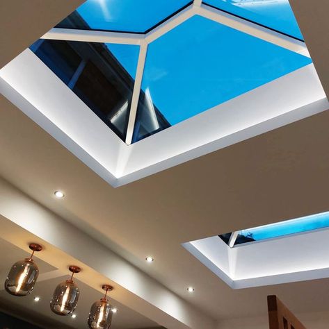 Worm eye view looking up at 2 roof lanterns with the night sky behind them. Roof Lantern Lighting, Kitchen Extension Lighting, Lantern Roof Light, Lantern Roof, Kitchen Flips, Lead Roof, Lantern Lighting, Roof Lantern, Home Simple