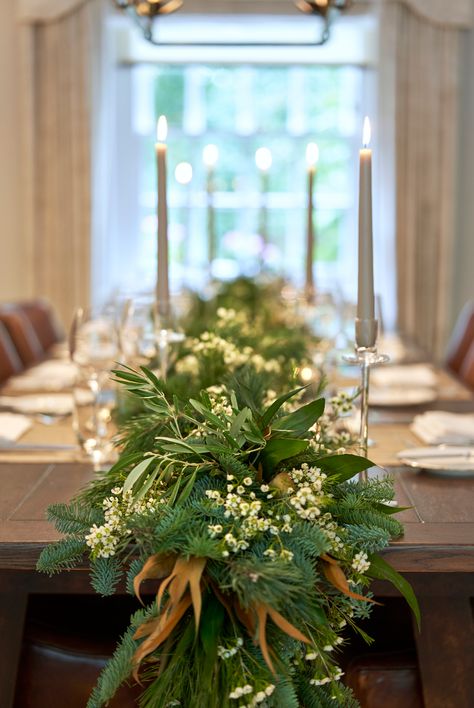 Christmas Foliage Table Runner, Christmas Table Foliage, Christmas Garland On Table, Christmas Table Greenery, Christmas Garland Centerpieces For Table, Garland On Table Christmas, Christmas Wedding Garland, Christmas Table Garland Ideas, Garland On Dining Table