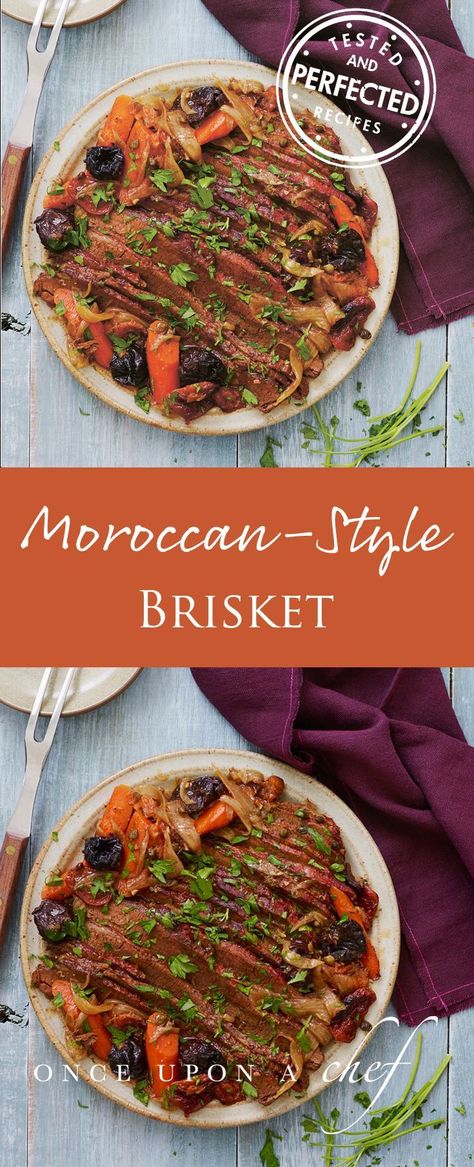 Moroccan-Style Brisket with Dried Fruit & Capers - Perfect for the Jewish Passover holiday or any special family dinner, this Moroccan-style brisket recipe is a wonderful twist on one I�ve been making for years. You can make it days ahead, in fact, you sh Passover Brisket, Brisket Dinner, Jewish Passover, Passover Holiday, Once Upon A Chef, Brisket Recipe, Brisket Recipes, Passover Recipes, Broth Recipes