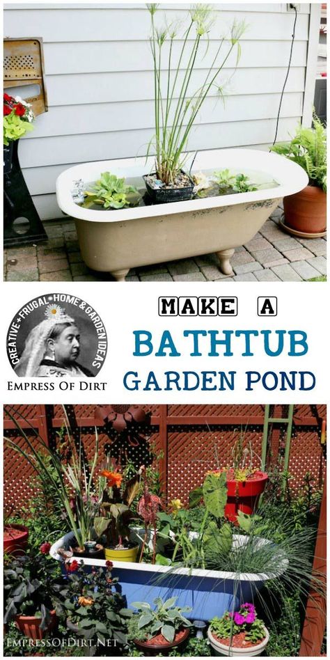 This gallery shows some examples of bathtubs (and a hottub) converted into garden ponds and basic instructions for setting one up. Using an old clawfoot tub (or a more modern style if you like them) is a super easy way to create a pond for the patio or garden. Bathtub Fountain Garden, Bathtub Water Garden, Bathtub Garden Pond, Repurposed Bathtub, Bathtub Pond, Bathtub Garden, Bathtub Diy, Garden Bathtub, Old Bathtub