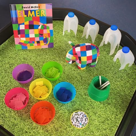 Elma The Elephant Activities Eyfs, Eyfs Activities At Home, Elmer The Elephant Tuff Tray, Elmer Activities Eyfs, Animal Activities Eyfs, Elephant Activities For Toddlers, Zoo Tuff Tray, Shape Activities Eyfs, Elmer Activities