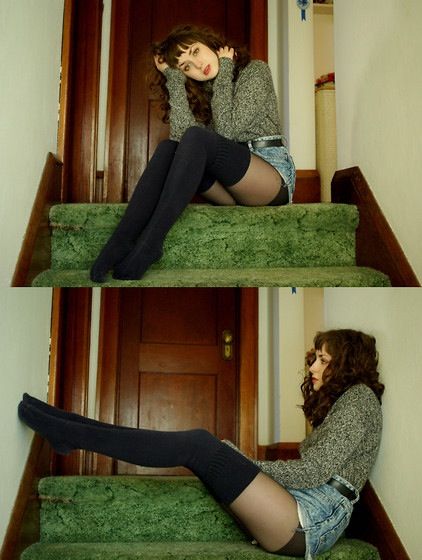 Tights and shorts - Find 150+ Top Online Shoe Stores via http://AmericasMall.com/categories/shoes.html High Socks Outfits, Socks Outfit, Sunday Outfit, Sock Outfits, Thigh High Socks, Black Stockings, Knee Socks, Fjallraven Kanken, Thigh Highs