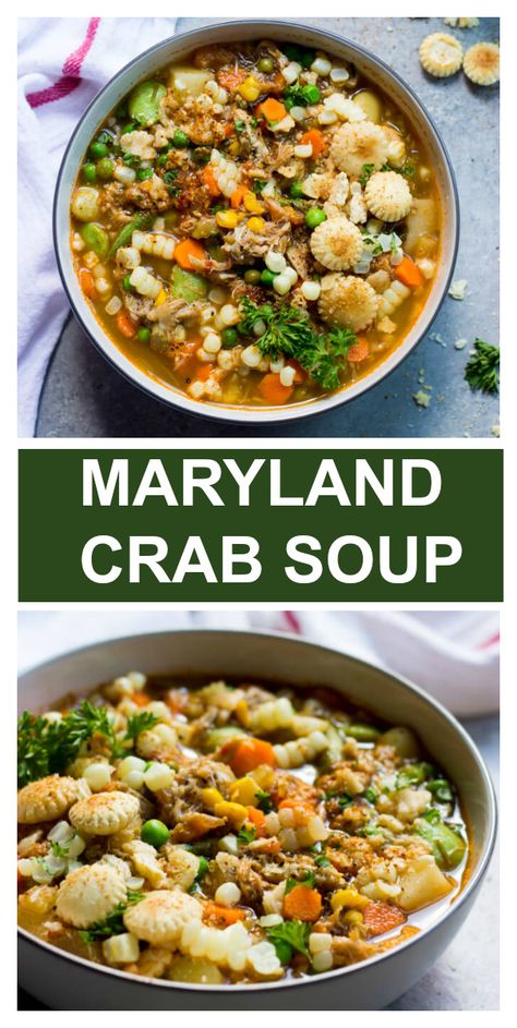 The best crab soup! Made with hearty veggies, fresh crab meat, and Old Bay seasoning. This Maryland favorite gets rave reviews! #crabsoup #marylandcrabsoup #souprecipes #crabrecipes