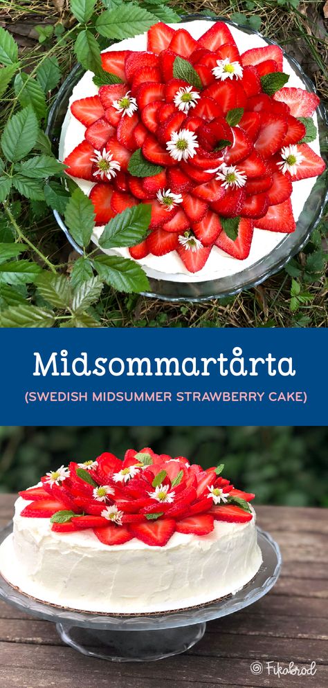 Airy cake layers sandwich strawberry filling and vanilla custard in this cream-covered midsommartårta topped with a pile of fresh strawberries ♥︎ fikabrodbox.com #midsommar #strawberries Swedish Strawberry Cake, Midsummer Cake, Sandwich Strawberry, Swedish Midsummer, Midsummer Wedding, 9 Cake, Solstice Party, Custard Cake, Cake Layers