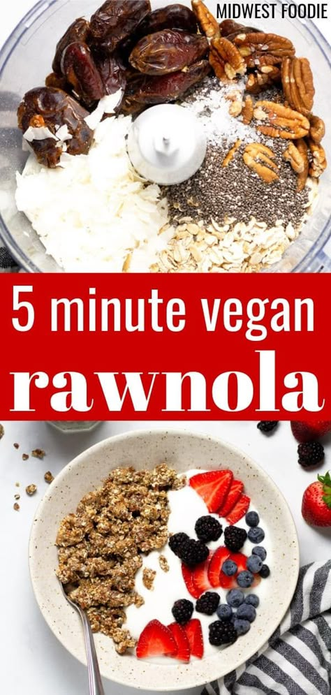 Not just for vegans! This 5 minute rawnola is perfect for a quick breakfast when you are running behind and need to get out the door! Loaded with dates, rolled oats, coconut flakes, chia seeds and honey it's naturally sweetened and perfectly delicious! Raw Vegan Apple Recipes, Quick And Easy Vegan Breakfast, Dates For Breakfast, Raw Vegan Cereal, Quick Raw Vegan Meals, Raw Vegan Overnight Oats, Raw Vegan Breakfast Ideas, Breakfast With Dates, Raw Vegan Desserts Easy