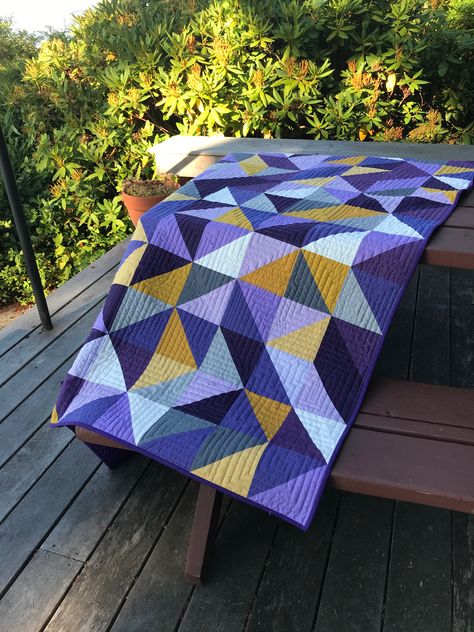 Purple And Yellow Quilt, Levi Quilt, Grandma Quilt, Gold Fabrics, Purple Fabrics, Quilt Sofa, Hst Quilts, Purple Quilt, Girl Quilts Patterns