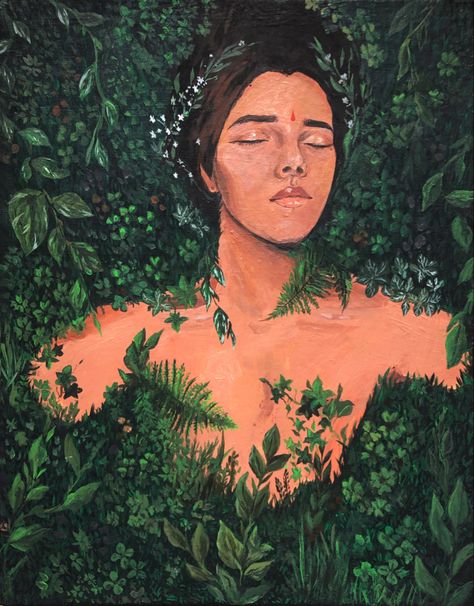 Acrylic painting of a person covered in vines, clovers and grass, consumed by the forest floor Painting Of Person Acrylic, Person In Forest Drawing, Overgrown Vines Drawing, Overgrown Garden Drawing, Ivy Painting Acrylic, Overgrown Painting, Vine Artworks, Painting Of Person, Painting Vines