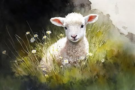 Lonna Lamb Painting Patterns, Lamb In Field, Christmas Lamb Painting, Sheep Landscape Painting, Lamb Laying Down Drawing, Sheep Oil Painting, Lamb Laying Down, Lamb Painting Easy, Sheep Art Painting