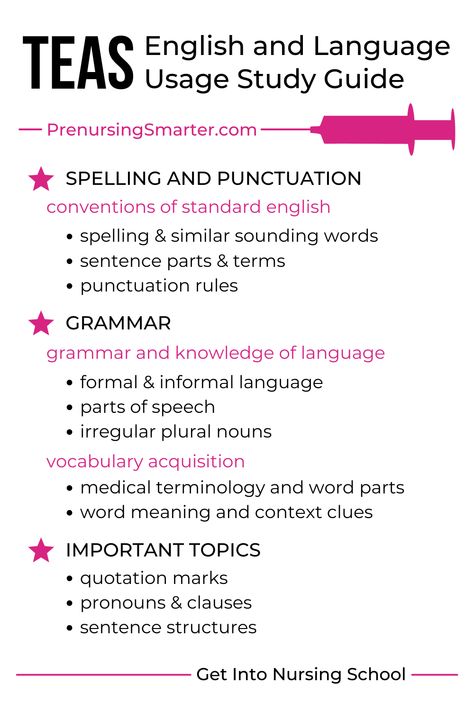 ATI TEAS English Language Usage Study Guide has list of topics covered under spelling and punctuation, grammar, vocabulary, and other important topics Teas Study Schedule, Teas Exam Study Schedule, Study Tips For English, Teas Exam Study Guides, Teas Test Prep, Teas Exam, Teas 7, Nursing Student Humor, Teas Test