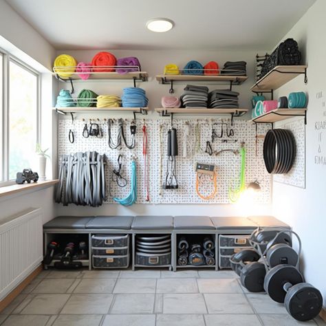 Elevate Your Home Gym: Clever Storage Ideas for Fitness Beginners Resistance Band Storage, Weight Storage Ideas Home Gyms, Weight Storage Ideas, Home Gym Storage Ideas, Home Workout Area, Gym Storage Ideas, Diy Workout Equipment, Workout Equipment Storage, Gym Equipment Storage