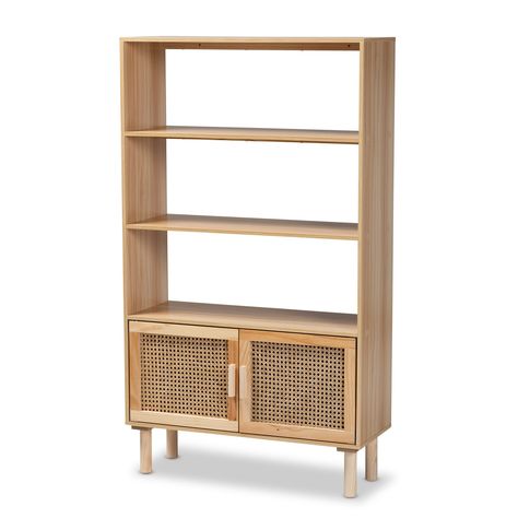 PRICES MAY VARY. Mid-century modern bookcase Constructed from MDF and pine wood Three 3 open shelves One 1 enclosed shelf behind the door Rattan accents Mounting type: door mount Included components: one (1) bookcase Rattan Bookshelf, Mid Century Modern Bookcase, Smart Bedroom, Large Shelf, Door Bookcase, 4 Shelf Bookcase, Bookcases For Sale, White Bookcase, Modern Bookcase