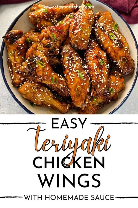 This image shows a recipe for teriyaki chicken wings. Honey Teriyaki Sauce, Teriyaki Chicken Wings Recipe, Teriyaki Wings, Honey Teriyaki Chicken, Teriyaki Chicken Wings, Crispy Baked Chicken Wings, Rasa Malaysia, Crispy Baked Chicken, Easy Asian