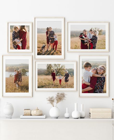 Landscape And Portrait Gallery Wall, Rectangle Pictures On Wall, Large Print Photo Wall, Gallery Wall With Wedding Photos, Large Wall Family Picture Ideas, Displaying Family Photos On Wall, Family Photo Layout, Gallery Wall Ideas Family Photos, Photo Wall Collage Ideas Layout