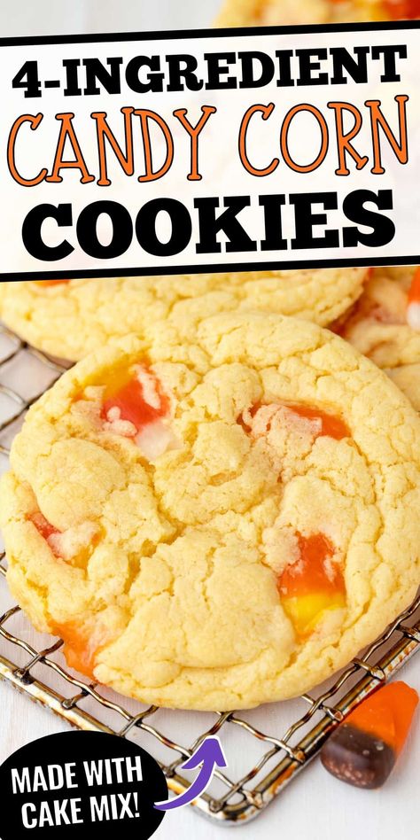 4-Ingredient candy corn cookies made with cake mix, eggs, oil, and candy corn. Perfect for #Halloween or using up leftover Halloween candy! #CakeMix #CandyCorn #HalloweenCookies Candy Corn Cake Mix Cookies, Halloween Candy Jars Ideas, Candy Corn Cookies Easy, Halloween Cookies Recipes, Halloween Candy Corn Cookies, Yellow Cake Mix Cookies, Baking Night, Easy Halloween Cookies Recipes, Candy Corn Recipe